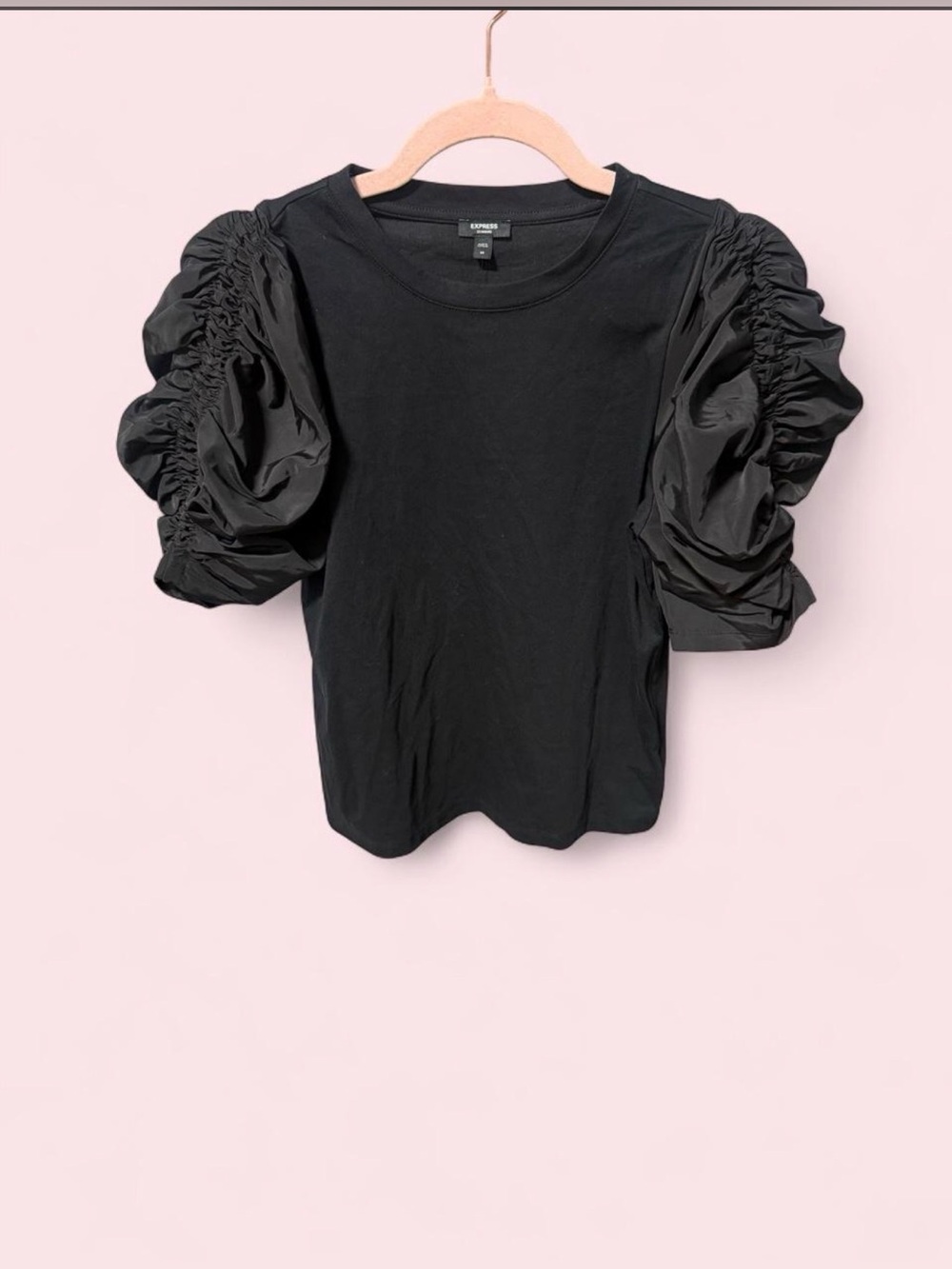 NWT Express Black Puff-Sleeve Tee with Ruched Volume